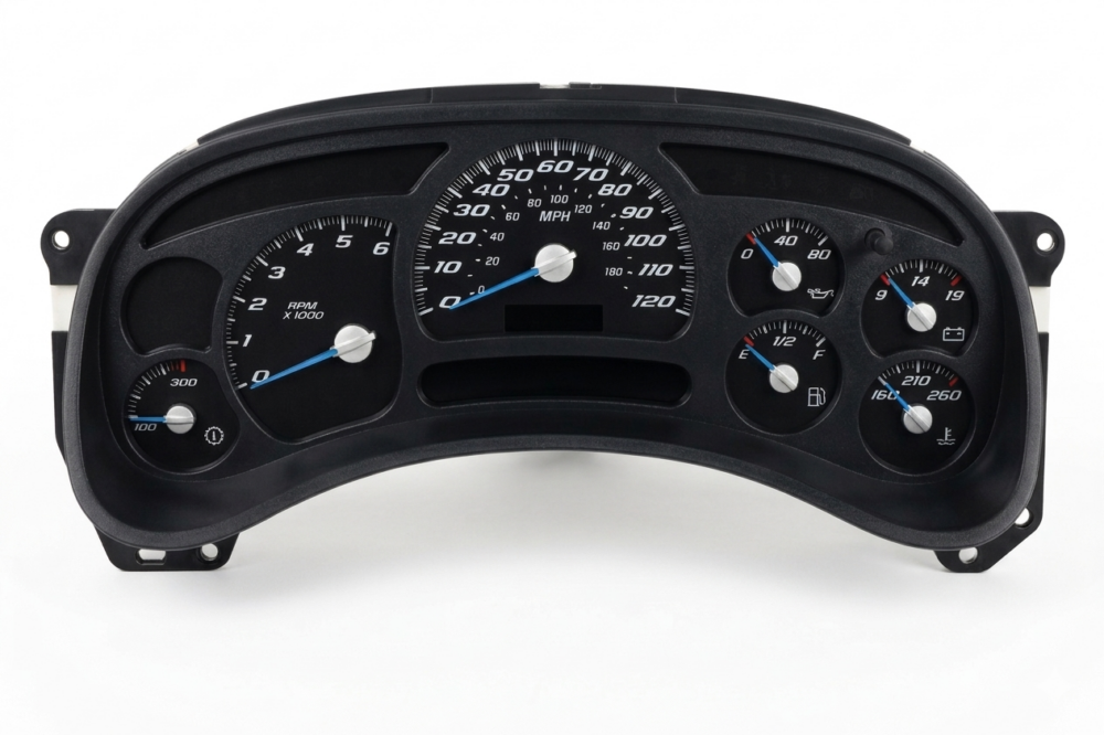 black upgraded Silverado cluster with LED compatible face overlay